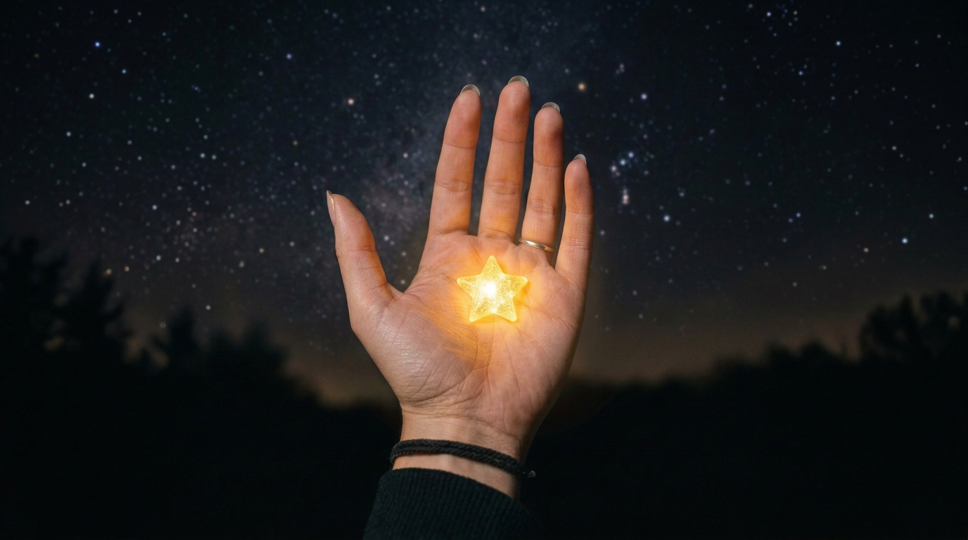 Open hand holding a glowing star against the night sky